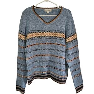 Carolyn Taylor Southwestern Stripe Knit Sweater XL Blue Brown Cozy Boho Pullover